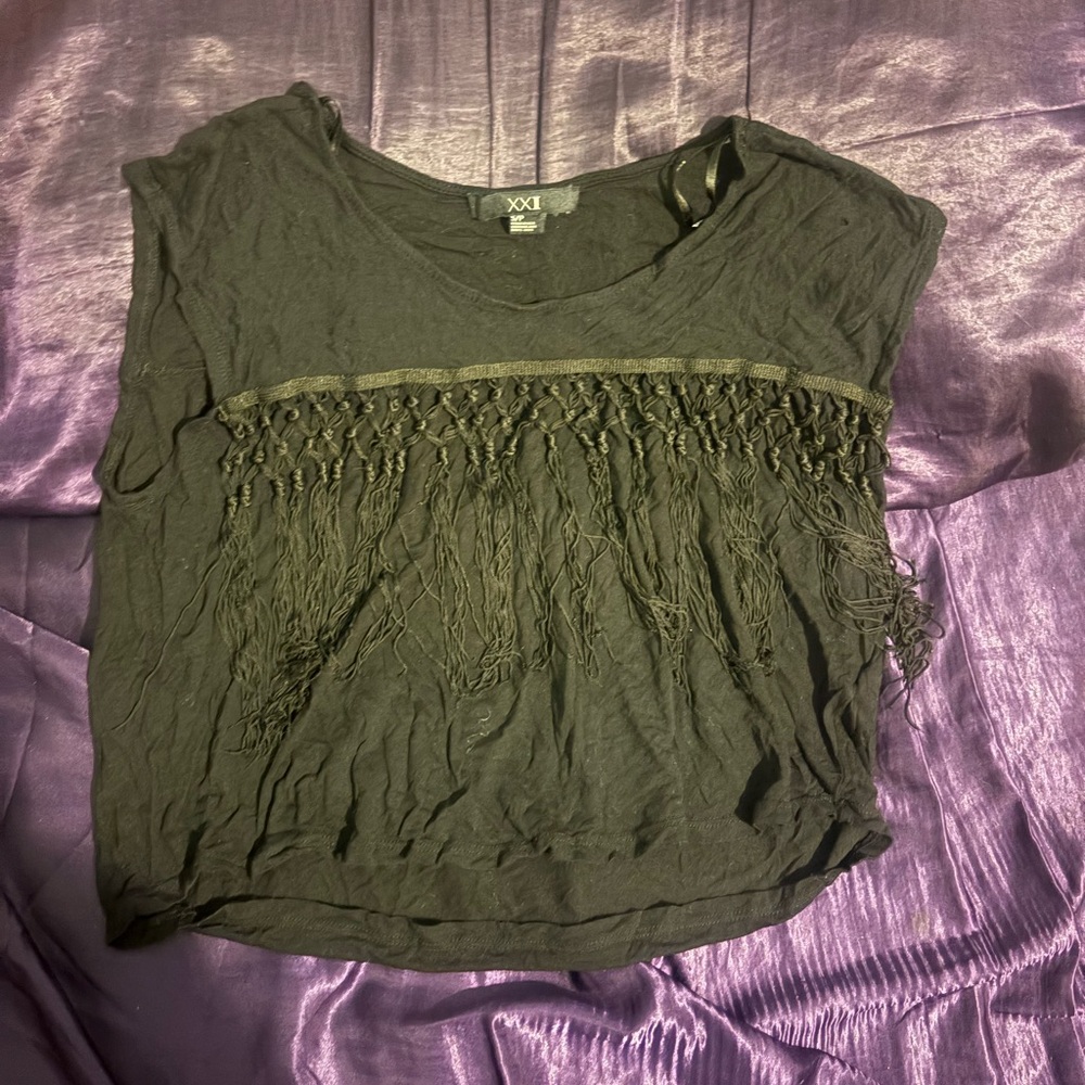 Vintage Forever 21 XXI Black Fringe Accented Sleeveless Blouse Scoop Neck Size S